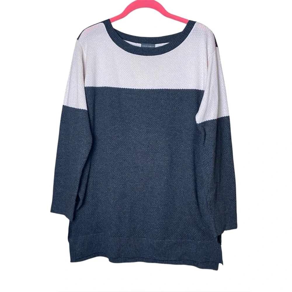 Vince Camuto Women Grey Extended Shoulder Color-Blocked Crewneck Sweater XS